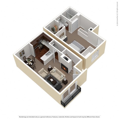 a 3d floor plan of a 700 square foot apartment at The Woods at Toluca Lake